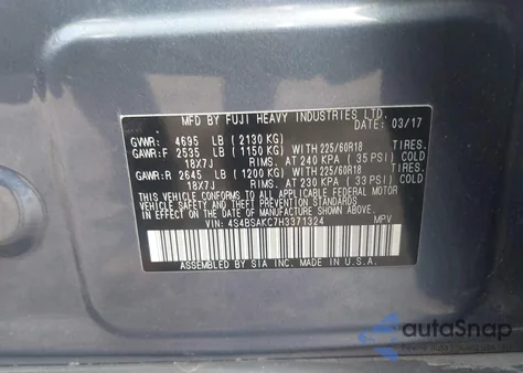 2017 Subaru Outback 2.5I Limited из США, поврежденный, VIN 4S4BSAKC7H3371324